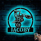Custom Dirt Bike Metal Wall Art With Led Lights, Personalized Motocross Rider Metal Name Sign, Motorcycle Biker Metal Wall Led Decor